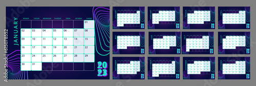 Cyberpunk technology and virtual reality desk calendar design template for 2023 year. 12 months pages set. Week starts on Sunday. Monthly custom schedule pack ready for print. Open Sans font used