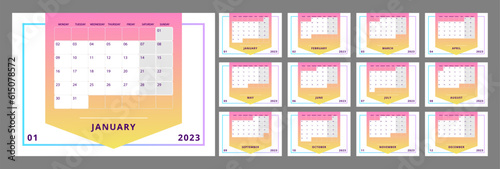 Colorful direction pointer desk calendar design template for 2023 year. 12 months pages set. Week starts on Sunday. Monthly custom schedule pack ready for print. Open Sans font used