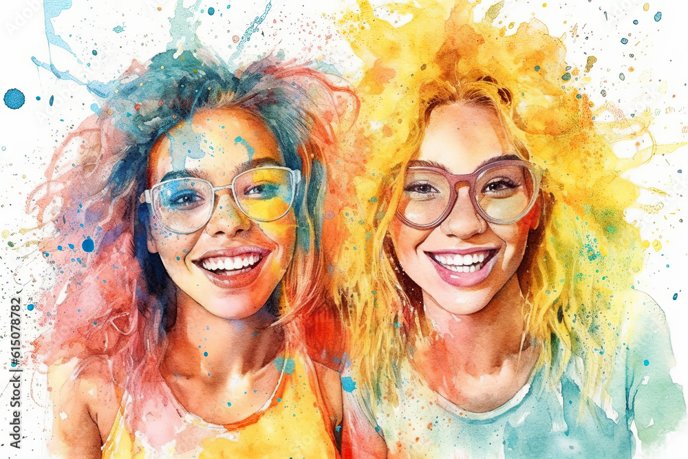 Happy Smiling Two Women in Glasses Watercolor Illustration, generative ai, white background.