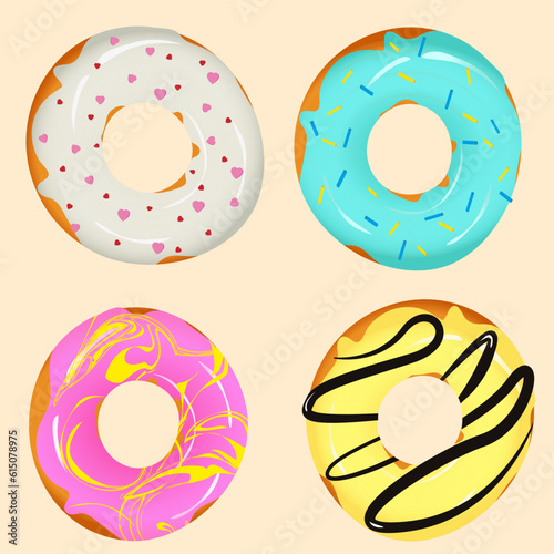 Donuts set isolated on light background. Baking for menu design, cafe decoration. Vector illustration EPS10.