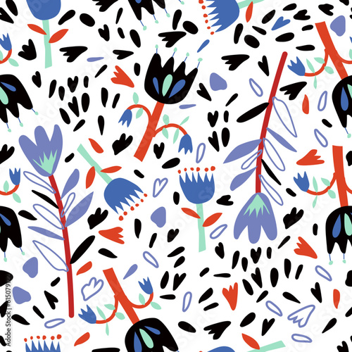 Vector summer pattern in blue and red shades in floral stylized flowers on a monochromatic isolated background