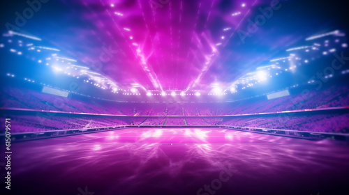 Soccer stadium grass field illuminated by spotlights and empty green soccer grass playground, arena or stadium digital background advertisement background . Generative AI