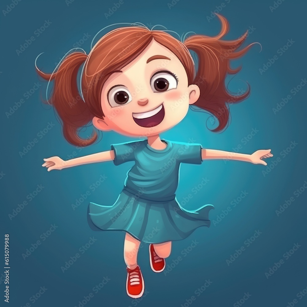 Cartoon little girl Jumping over a blue background. Creative AI Cartoon little girl Jumping over a blue background. Creative AI