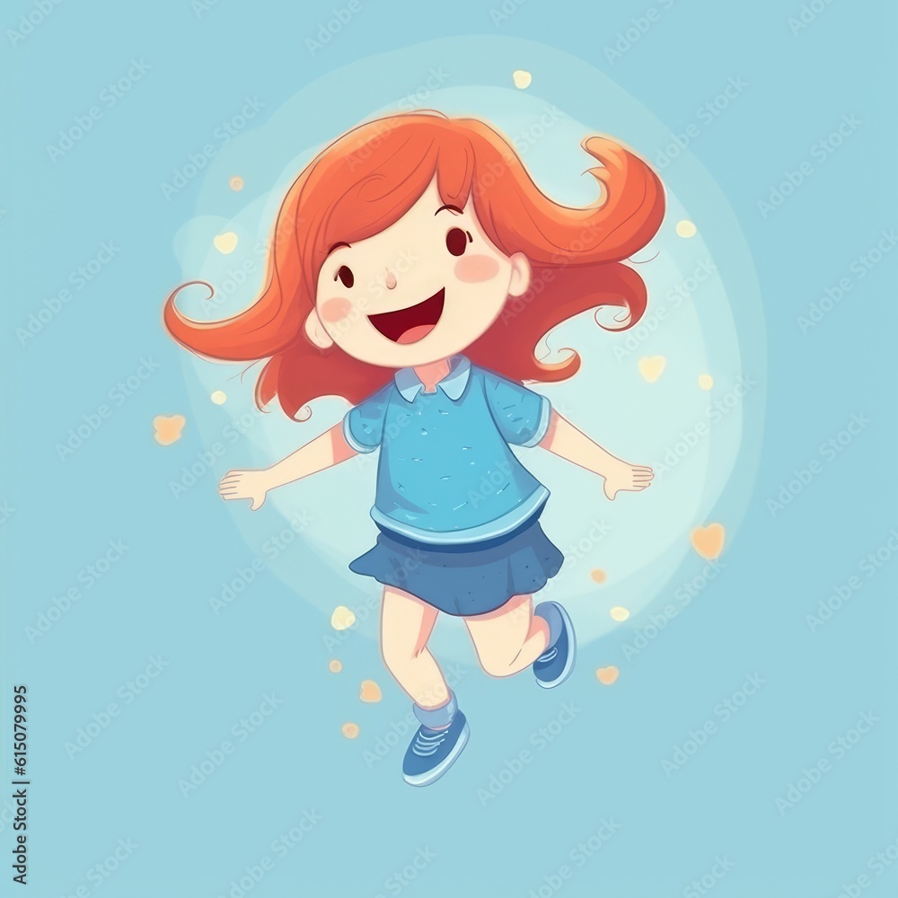 Cartoon little girl Jumping over a blue background. Creative AI Cartoon little girl Jumping over a blue background. Creative AI