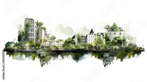 City in green leaves double exposure illustration - Generative AI.