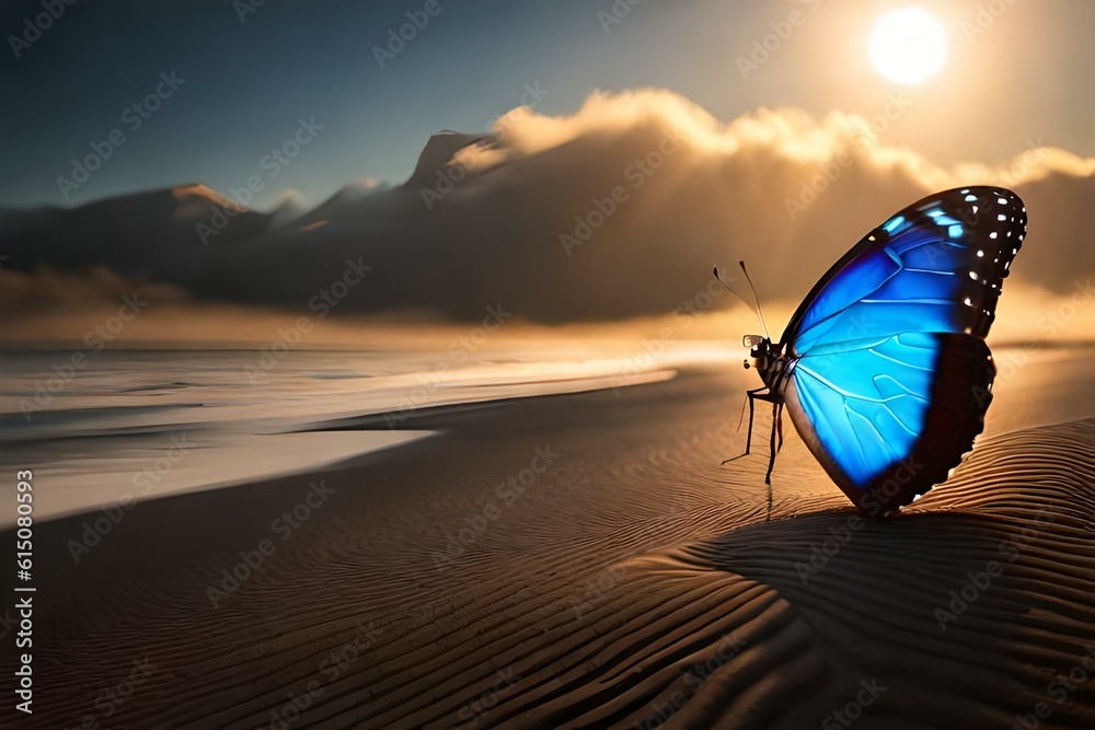 butterfly on the beach at sunset