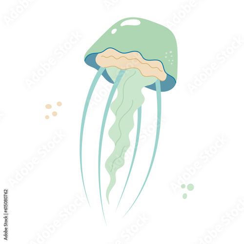 Jellyfish cartoony flat decoration. Hand-drawn poisonous medusa, marine oceanic inhabitant, simple nautical character design. Isolated. Vector illustration.