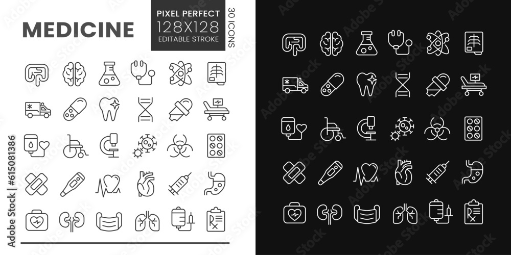Medicine pixel perfect linear icons set for dark, light mode. Medical ...