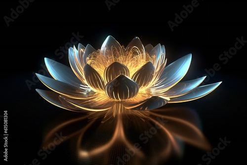Highly detailed 3d lotus flower, thing glowing lines, ray traced reflections on black background Generative AI