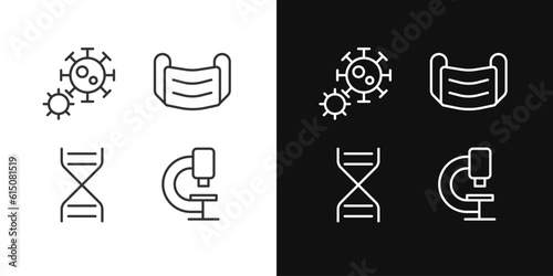 Virus prevention and treatment pixel perfect linear icons set for dark, light mode. Laboratory research of pathogen. Thin line symbols for night, day theme. Isolated illustrations. Editable stroke