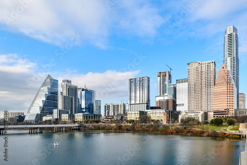Numerous condos and highrises form Austin's downtown city skyline along the Colorado River