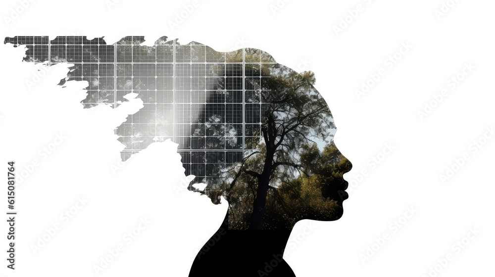 The integration of solar panels double exposure illustration - Generative AI. The integration of solar panels double exposure illustration - Generative AI.