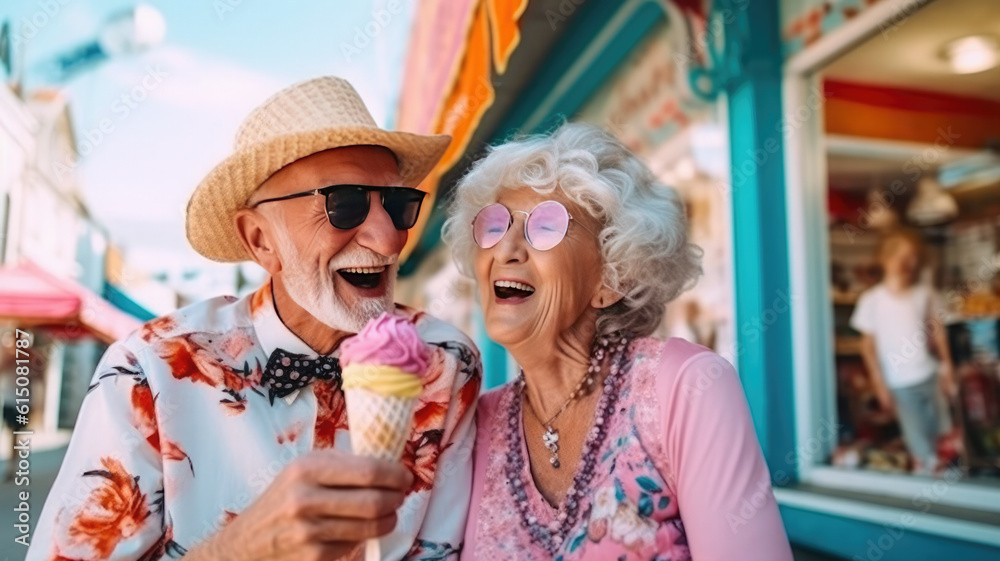 Happy elderly couple in the city, on vacation enjoy life, aged man, aged woman, elderly woman, elderly man, joy of life, enjoyment, rest, vacation, ice cream, love, Generative AI Happy elderly couple in the city, on vacation enjoy life, aged man, aged woman, elderly woman, elderly man, joy of life, enjoyment, rest, vacation, ice cream, love, Generative AI