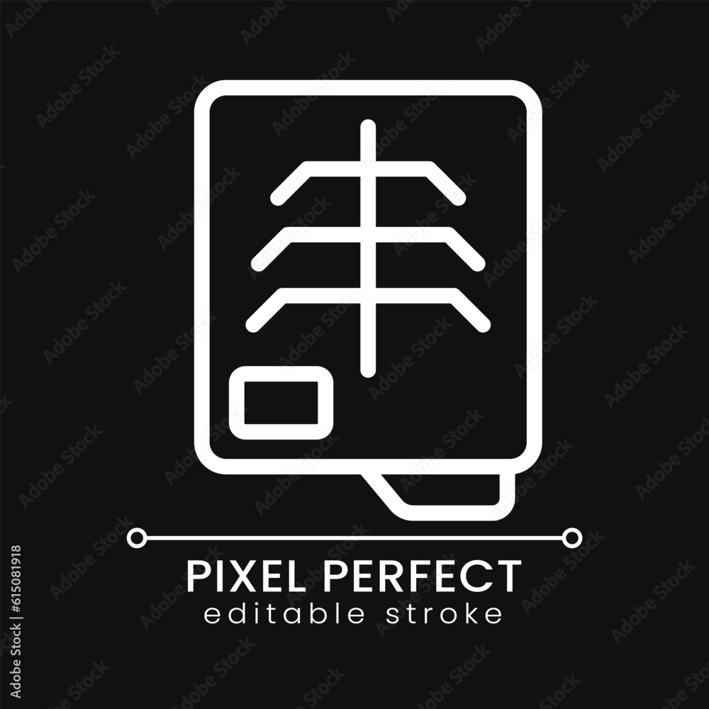 Radiography test pixel perfect white linear icon for dark theme. Radiology checkup. Chest image. Fluoroscopy. Thin line illustration. Isolated symbol for night mode. Editable stroke. Poppins font used Radiography test pixel perfect white linear icon for dark theme. Radiology checkup. Chest image. Fluoroscopy. Thin line illustration. Isolated symbol for night mode. Editable stroke. Poppins font used