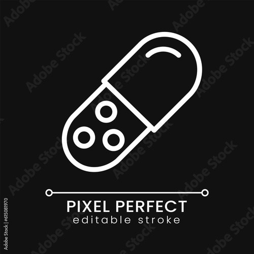 Medicament pixel perfect white linear icon for dark theme. Capsule pill. Solid dosage form. Oral medication. Thin line illustration. Isolated symbol for night mode. Editable stroke. Poppins font used