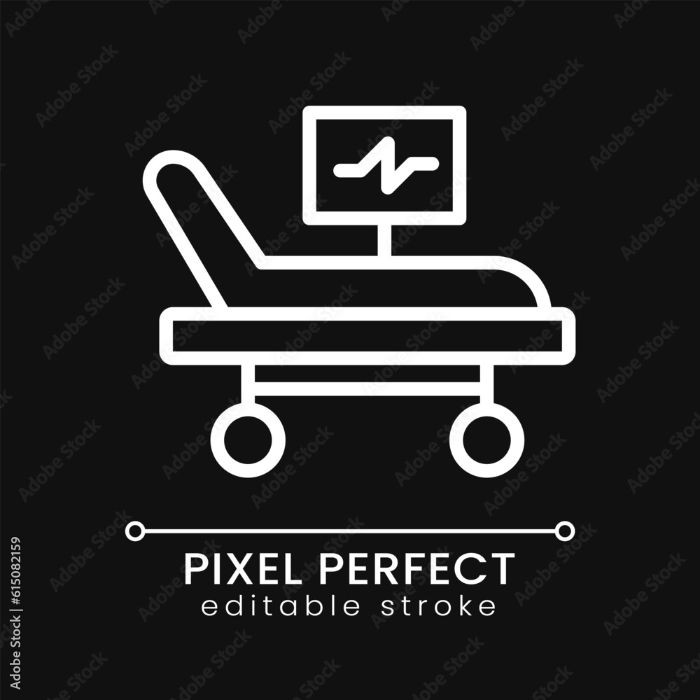 Intensive care bed pixel perfect white linear icon for dark theme. Resuscitation equipment. Life support. Thin line illustration. Isolated symbol for night mode. Editable stroke. Poppins font used Intensive care bed pixel perfect white linear icon for dark theme. Resuscitation equipment. Life support. Thin line illustration. Isolated symbol for night mode. Editable stroke. Poppins font used