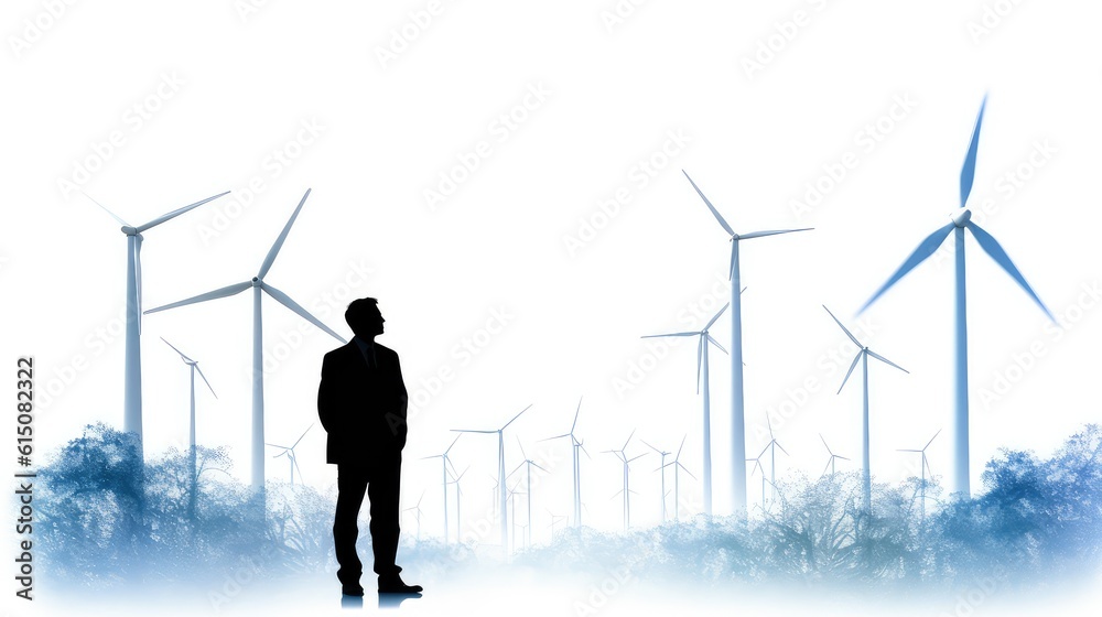 Field of wind turbines double exposure illustration - Generative AI. Field of wind turbines double exposure illustration - Generative AI.
