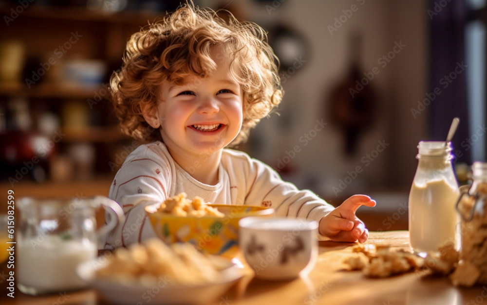 Happy and smiling child has breakfast with milk and cereals