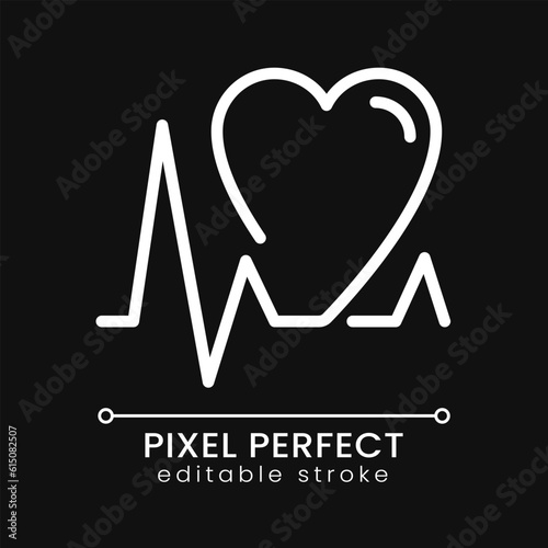 Cardiology pixel perfect white linear icon for dark theme. Cardiovascular system examination. Medical test. Thin line illustration. Isolated symbol for night mode. Editable stroke. Poppins font used