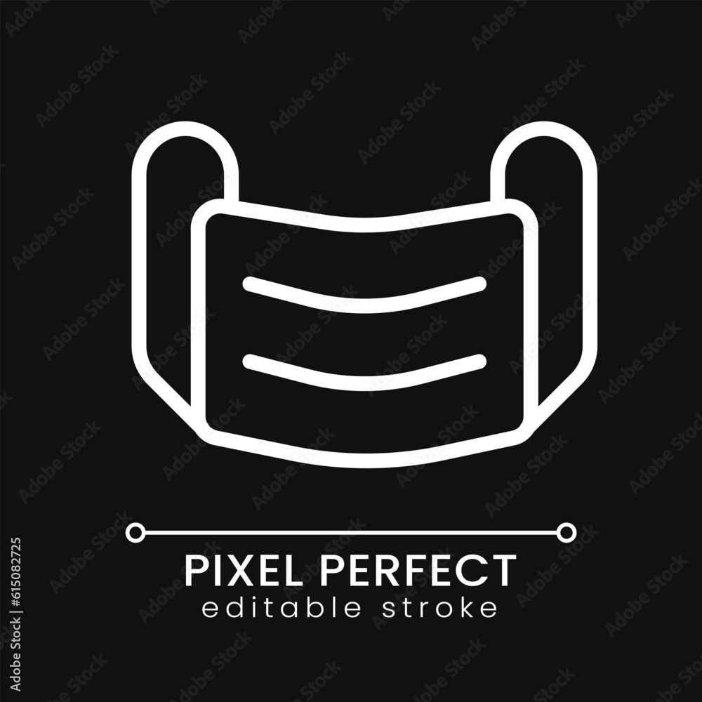 Obraz premium Medical face mask pixel perfect white linear icon for dark theme. Respiratory protection. Sanitary supply. Thin line illustration. Isolated symbol for night mode. Editable stroke. Poppins font used