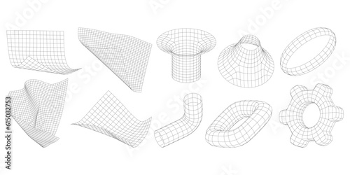 A set of abstract wireframe forms. Cyber-neo-futuristic grids, three-dimensional mesh objects. Distorted, crumpled, deformed plane, gear, pipe, ring. Vector Graphic elements in 80s cyberpunk style