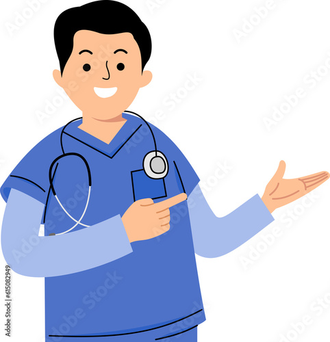 male nurse pointing towards empty room for presentation