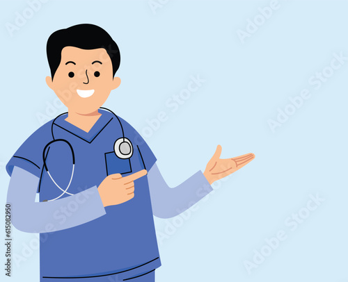 male nurse pointing towards empty room for presentation