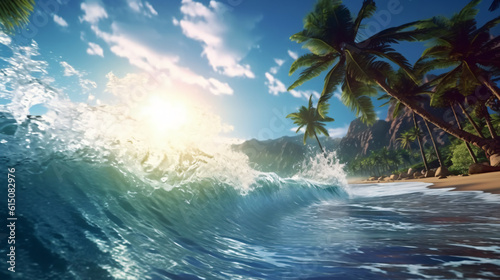summer wallpaper  beach scene, waves surf with amazing blue ocean sea island palm tree, ocean wallpaper   © Micromedia