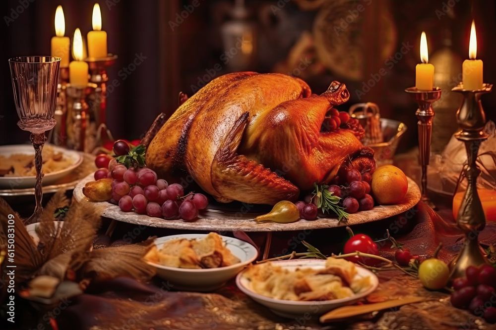 thanksgiving dinner with roasted turkey and candles. autumnal or christmas decoration