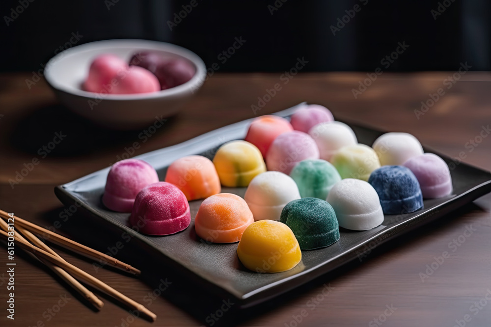 Japanese colorful mochi on rustic table background Japanese colorful mochi on rustic table background