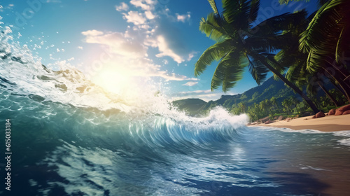 summer wallpaper  beach scene, waves surf with amazing blue ocean sea island palm tree, ocean wallpaper   © Micromedia