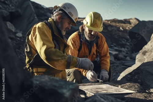 Geologists examining rock samples or using specialized equipment to analyze the geological composition of a mining site, emphasizing the scientific aspect of mining. Generative AI