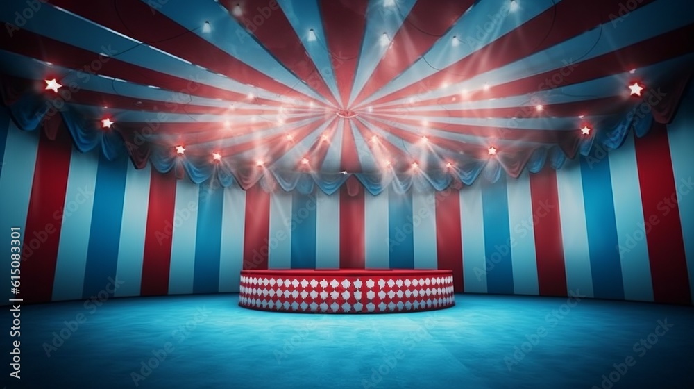 A circus background with colors white, blue and red with space to promote products and events. Generative ai.