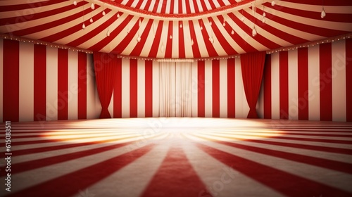 A circus background with colors red and white with space to promote products and events. Generative ai.