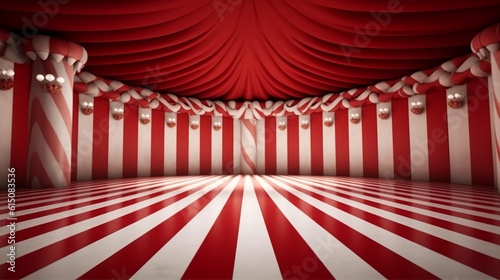 A circus background with colors red and white with space to promote products and events. Generative ai.