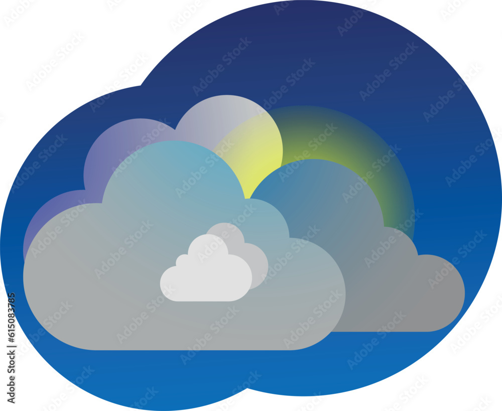 The sun behind the clouds. Vector illustration. Blue and gray clouds with a gradient. Behind them is a glint of yellow sun. Dark blue background behind. The sun behind the clouds. Vector illustration. Blue and gray clouds with a gradient. Behind them is a glint of yellow sun. Dark blue background behind.