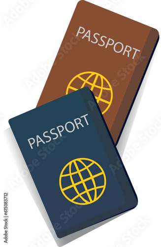 The passport is blue and brown in color. With a golden globe and white inscription "passport". With gray shadows behind. Vector illustration.