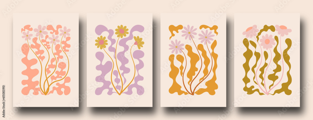 Contemporary organic naive flowers posters. Abstract collage set Matisse inspired with scribbles curves. geometric minimalist algae silhouette composition in a retro hippie 60s 70s style.