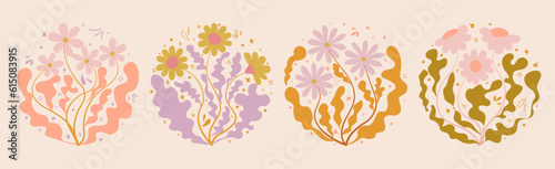 Contemporary organic naive flowers posters. Abstract collage set Matisse inspired with scribbles curves. geometric minimalist algae silhouette composition in a retro hippie 60s 70s style.