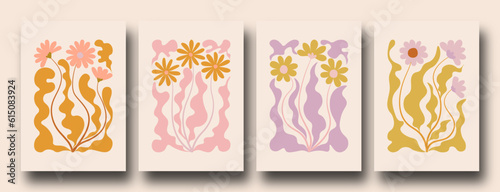 Contemporary organic naive flowers posters. Abstract collage set Matisse inspired with scribbles curves. geometric minimalist algae silhouette composition in a retro hippie 60s 70s style.