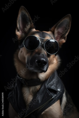 Cool dog with sunglasses and leather jacket on black background. Fashionable appearance, be trendy. Style and fashion. Stylish pet. Dog boss, funny pet. Generative AI.