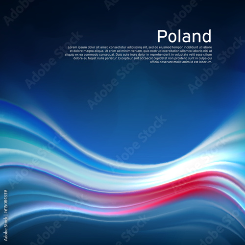 Poland abstract flag background. Blurred pattern of lines light colors of the polish flag in blue sky, business brochure. State banner, poland poster, patriotic cover, flyer. Vector design