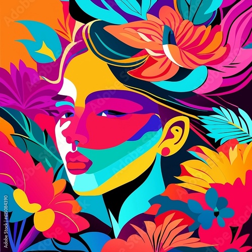 Multicolored face of woman with flovers.Vector art.Generated with AI technology