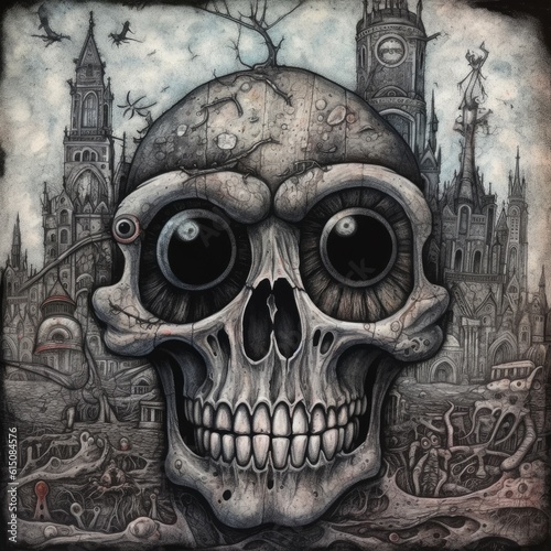 Cute emo monster skull animal illustration, charcoal hand draw, generative ai poster wall art