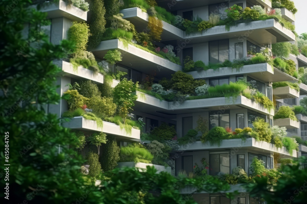Skyscrapers buildings with plants growing on the facade. Ecology and green living in city. Concept enhancing the urban environment. Generative AI