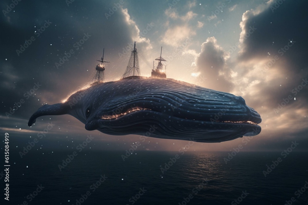 Fantasy art: a detailed digital painting of a whale floating in the ...