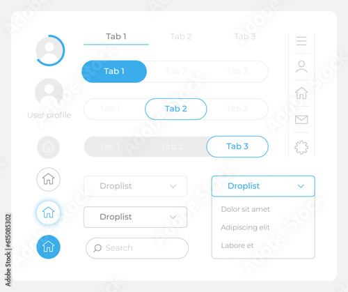 Edit account UI elements kit. Editable isolated vector components. Navigation menu. Web design widget pack for mobile application, software with light theme. Montserrat Light, Medium, Bold fonts used