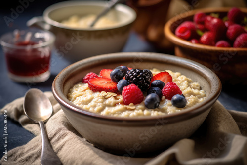 Oatmeal porridge on the table. Breakfast. Generative AI technology.