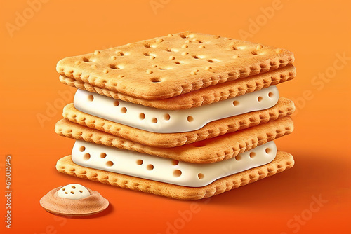 Stack of cookies crackers with cream fillin on orange background. photo