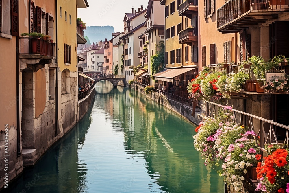 Picturesque European Canal City with Flower-Lined Buildings